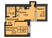 Однокімнатна квартира 38 м/кв - ЖК София
