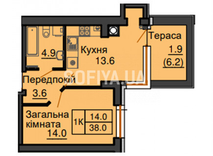 Однокімнатна квартира 38 м/кв - ЖК София