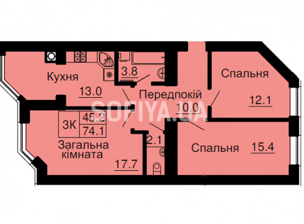 Трехкомнатная квартира 74,1 м/кв - ЖК София