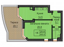 Однокомнатная квартира 44,4 м/кв - ЖК София