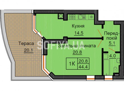 Однокомнатная квартира 44,4 м/кв - ЖК София