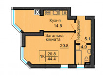 Однокомнатная квартира 44,4 м/кв - ЖК София