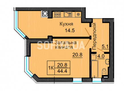 Однокомнатная квартира 44,4 м/кв - ЖК София