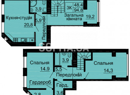 Двухуровневая квартира 94,8 м/кв - ЖК София