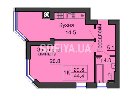 Однокомнатная квартира 44,4 м/кв - ЖК София