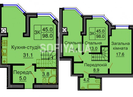 Двухуровневая квартира 98 м/кв - ЖК София