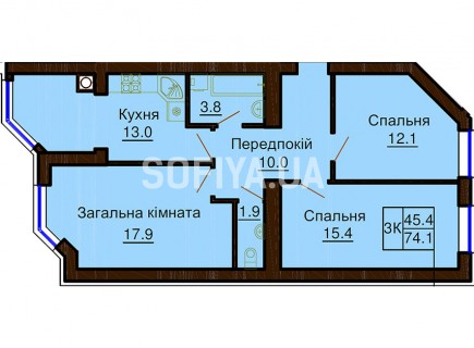 3-х комнатная квартира 74.1 м/кв - ЖК София