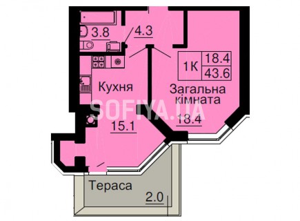 Однокомнатная квартира 43,6 м/кв - ЖК София