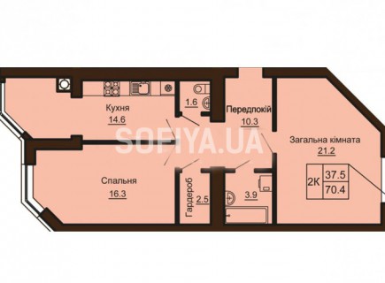 2-х комнатная квартира 70.4 м/кв - ЖК София