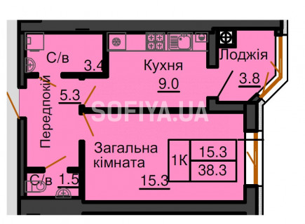 Однокімнатна квартира 38,3 м/кв - ЖК София