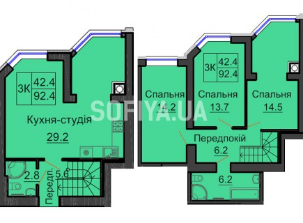 Двухуровневая квартира 92,4 м/кв - ЖК София