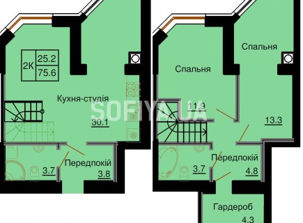 Двухуровневая квартира 75,6 м/кв - ЖК София