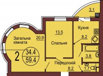 2-х комнатная квартира 59.4 м/кв - ЖК София