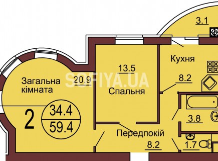 2-х комнатная квартира 59.4 м/кв - ЖК София