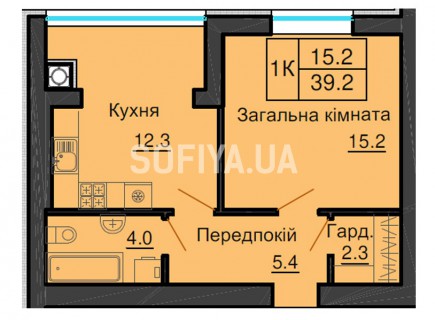 Однокомнатная квартира 39,2 м/кв - ЖК София