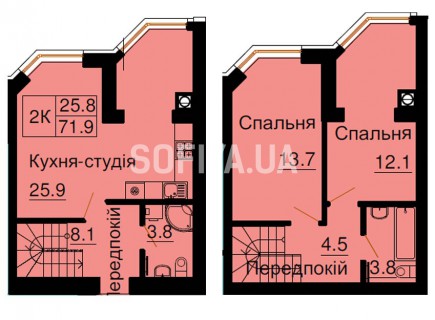 Двухуровневая квартира 71,9 м/кв - ЖК София