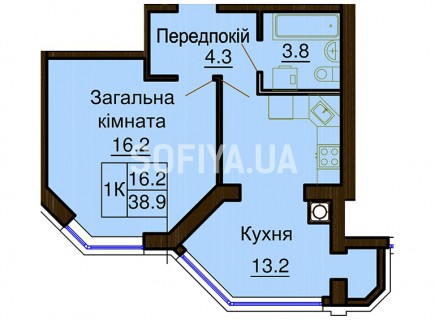 Однокомнатная квартира 38.9 м/кв - ЖК София