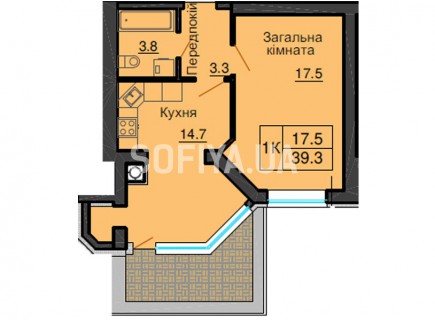 Однокомнатная квартира 39,3 м/кв - ЖК София