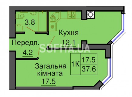 Однокомнатная квартира 37,6 м/кв - ЖК София