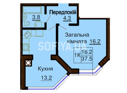 Однокомнатная квартира 37.5 м/кв - ЖК София