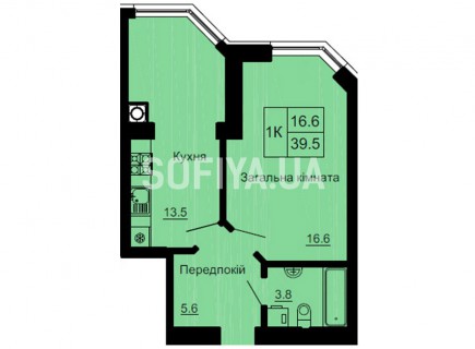 Однокомнатная квартира 39,5 м/кв - ЖК София