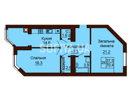 2-х комнатная квартира 70.4 м/кв - ЖК София