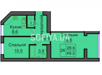 Двухкомнатная квартира 49,2 м/кв - ЖК София