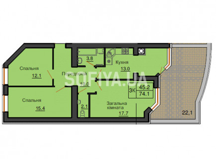 Трехкомнатная квартира 74,1 м/кв - ЖК София