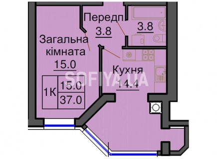 Однокомнатная квартира 37 м/кв - ЖК София