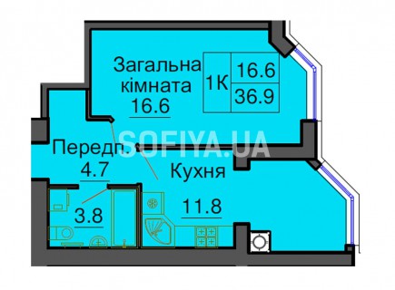 Однокомнатная квартира 36,9 м/кв - ЖК София