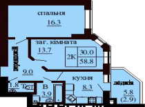 2-х комнатная квартира 58.8 м/кв - ЖК София