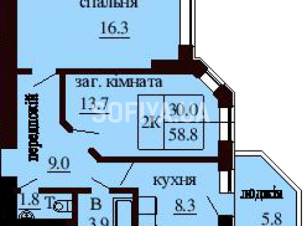 2-х комнатная квартира 58.8 м/кв - ЖК София