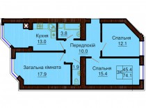 3-х комнатная квартира 74.1 м/кв - ЖК София