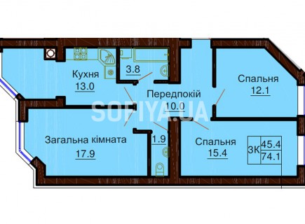 3-х комнатная квартира 74.1 м/кв - ЖК София