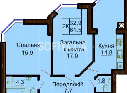 2-х комнатная квартира 61,5 м/кв - ЖК София