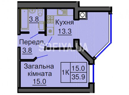 Однокомнатная квартира 35,9 м/кв - ЖК София