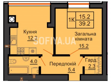 Однокомнатная квартира 39,2 м/кв - ЖК София