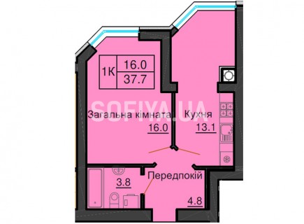 Однокомнатная квартира 37,7 м/кв - ЖК София