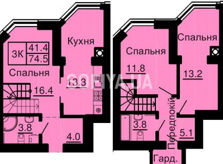 Двухуровневая квартира 74,5 м/кв - ЖК София