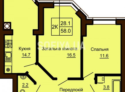 2-х комнатная квартира 58 м/кв - ЖК София