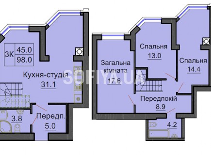 Двухуровневая квартира 98 м/кв - ЖК София