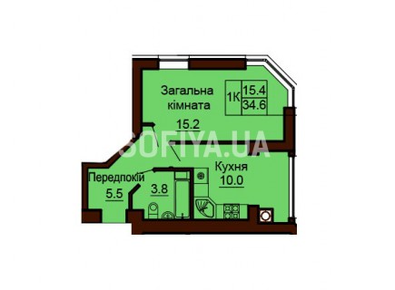 Однокомнатная квартира 34.6 м/кв - ЖК София