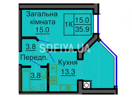 Однокомнатная квартира 35,9 м/кв - ЖК София