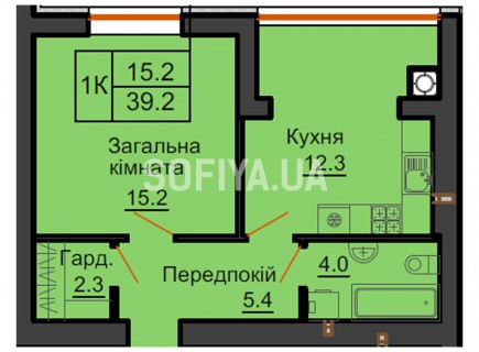 Однокомнатная квартира 39,2 м/кв - ЖК София