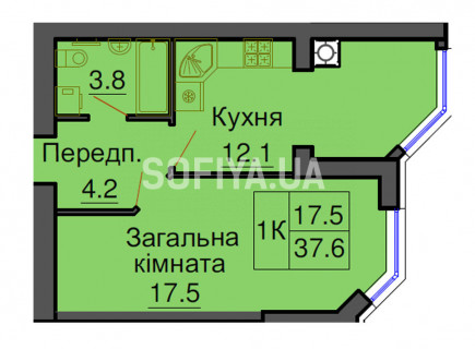 Однокімнатна квартира 37,6 м/кв - ЖК София