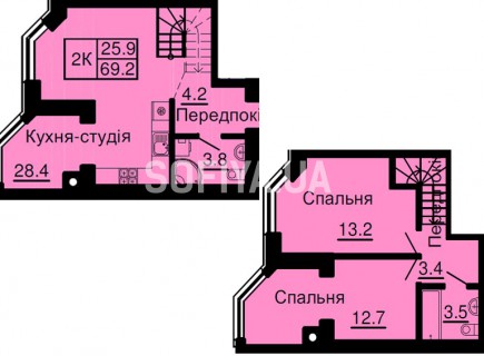 Двухуровневая квартира 69,2 м/кв - ЖК София