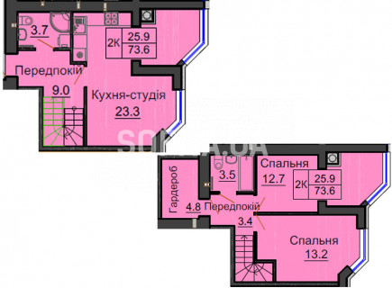 Двухуровневая квартира 73,6 м/кв - ЖК София