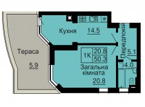 Однокомнатная квартира 50,3 м/кв - ЖК София