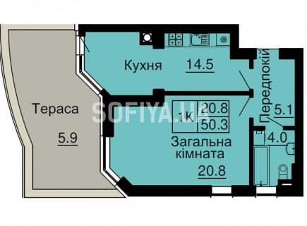 Однокомнатная квартира 50,3 м/кв - ЖК София