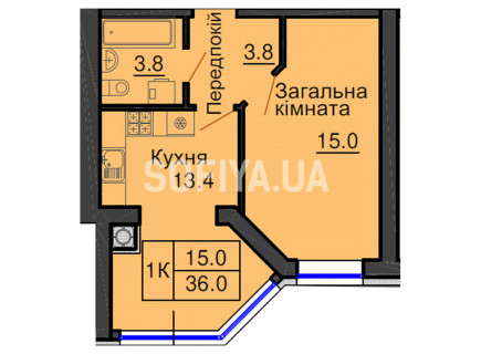 Однокомнатная квартира 36 м/кв - ЖК София